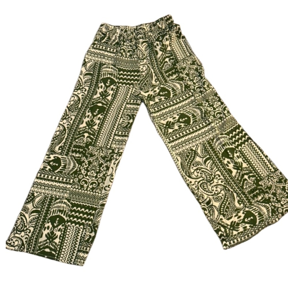 Yak & Yeti Women’s Medium Elastic Waist Wide Leg Boho Pants Green Cream NWT